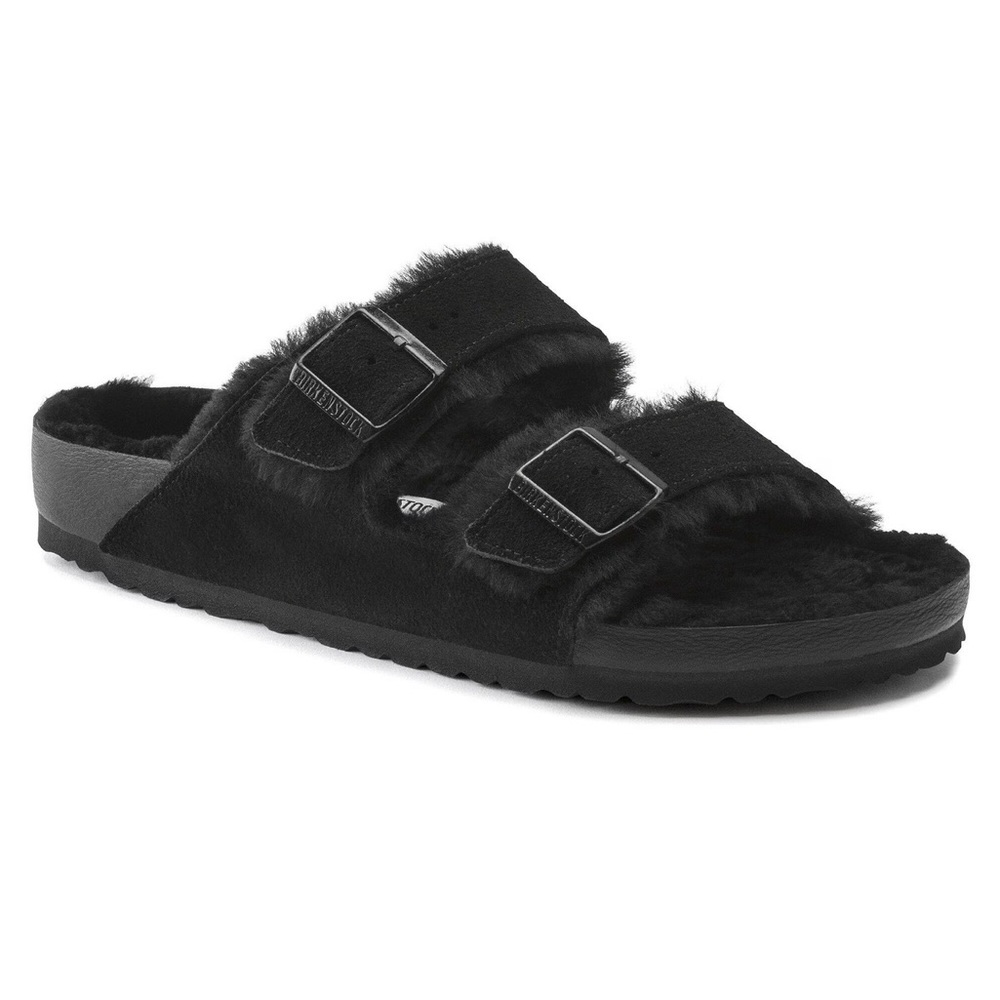 Birkenstock Arizona Black shearling Double Strap Sandals